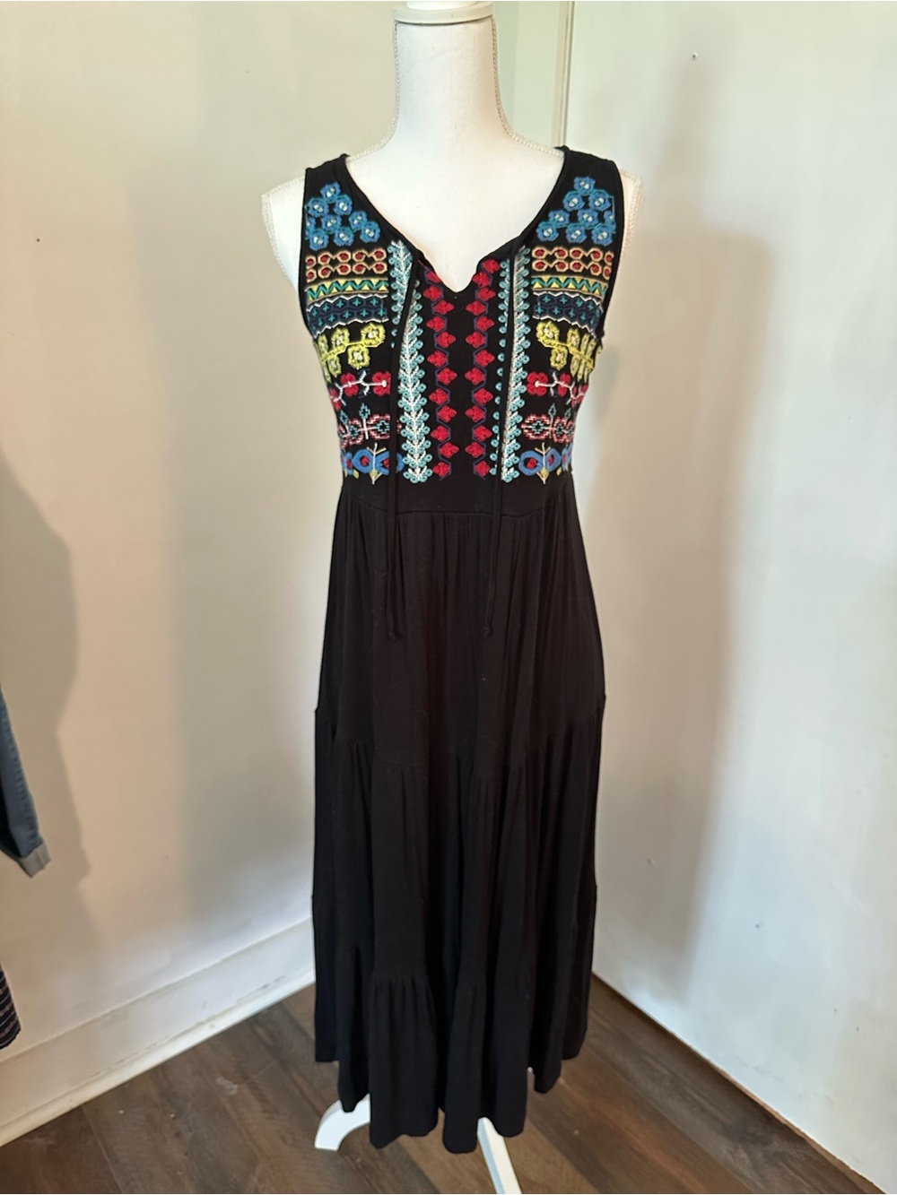 Design History Black Maxi Dress with Multicolor Embroidery